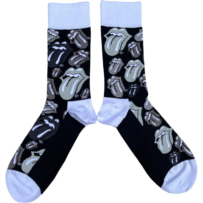 A pair of socks with grey Rolling Stones tongue logos on it. 